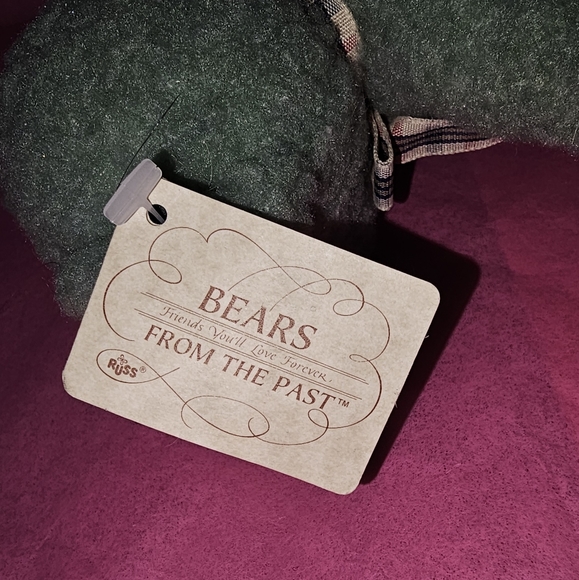 VINTAGE RUSS BERRIE " FRIZZLIN"  BLUE/GREEN BEAR WITH GINGHAM BOW PLUSH ANIMAL - Picture 2 of 9